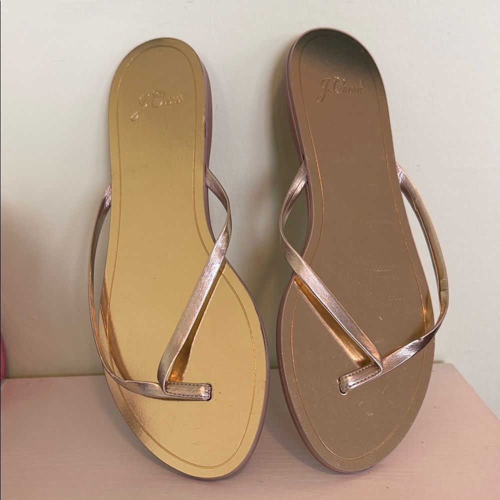 J. Crew Metallic Gold Flip Flop Sandals, size 8, never worn